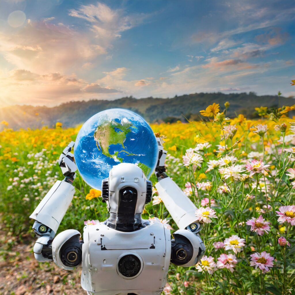 Image generated from Adobe Firefly with the prompt "robot with a globe showing a field with flowers in the background"